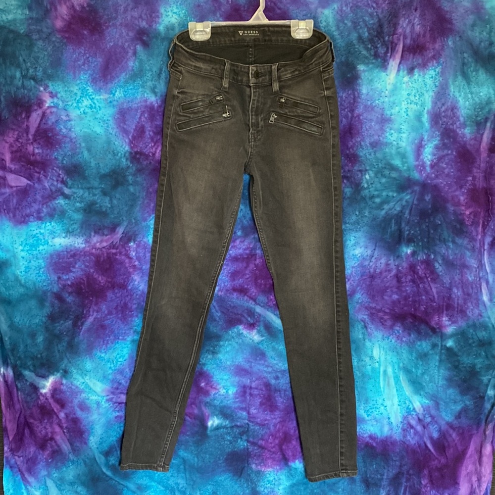 Guess Black Skinny Denim Jeans 26 trendy double zip details at front pockets